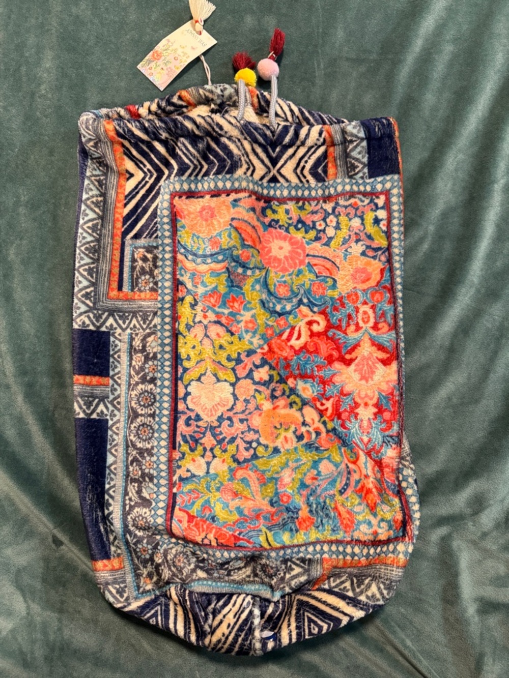 Johnny Was Navy Multi-Color Drawstring Tote